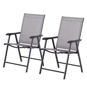 Stackable Outdoor Sling Patio Dining Chairs with Armrests for Camping, Beach, Metal Frame, No Assembly, Gray (2-pack)