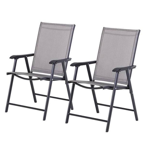 Jushua Stackable Outdoor Sling Patio Dining Chairs with Armrests for Camping, Beach, Metal Frame, No Assembly, Gray (2-pack)