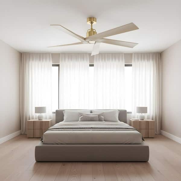Aspen 56 in. Burnished Brass Downrod Mount Standard Ceiling Fan with Washed White Oak Blades and Remote