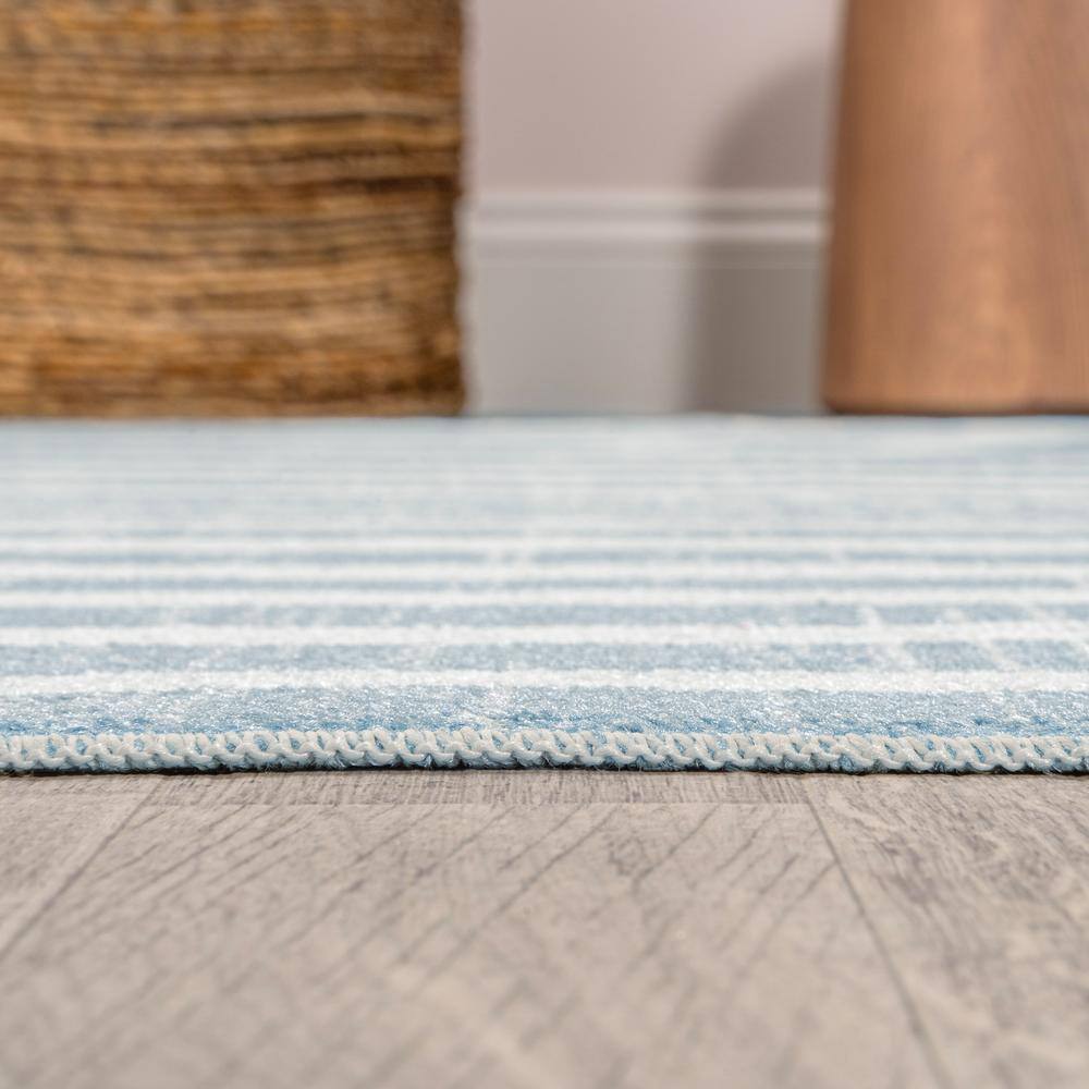 Blue and Cream Abstract Machine-Washable Runner Rug