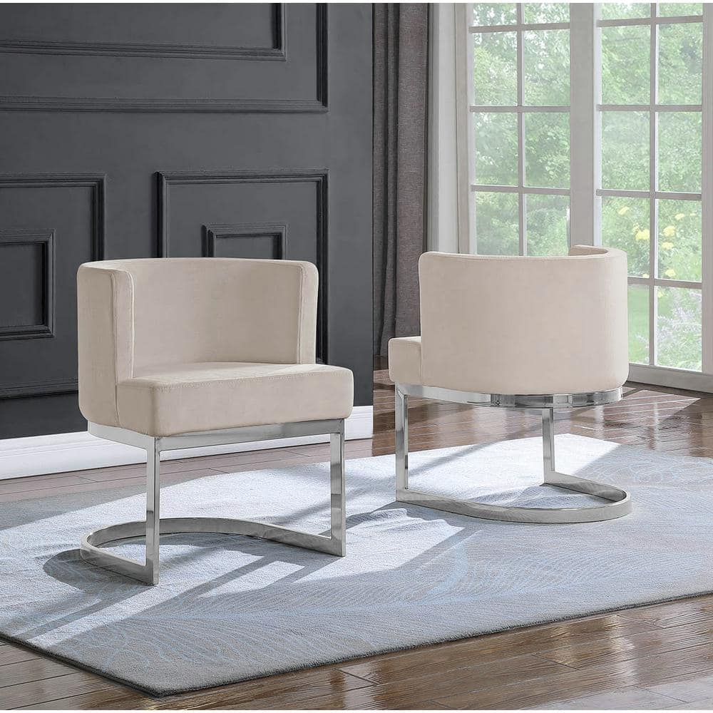 Elegant Beige Velvet Barrel Side Chair with Chrome Base