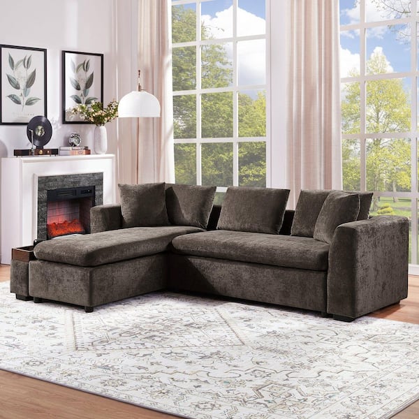 93.7 in. Square Arm Chenille Sectional Sofa with wooden Storage Compartment in. Brown