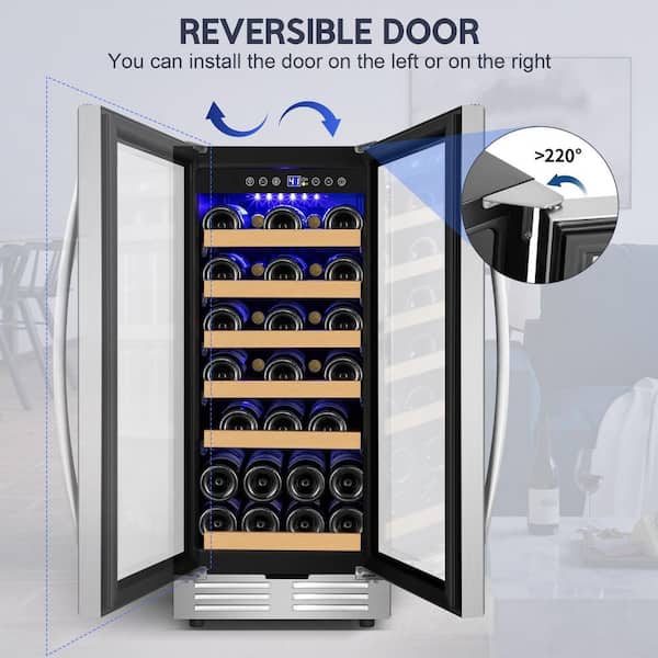 15 in. Single Zone 30-Bottle Cellar Cooling Unit Built-in Wine Cooler 6-Adjustable Feet and Two Door Handles in Silver