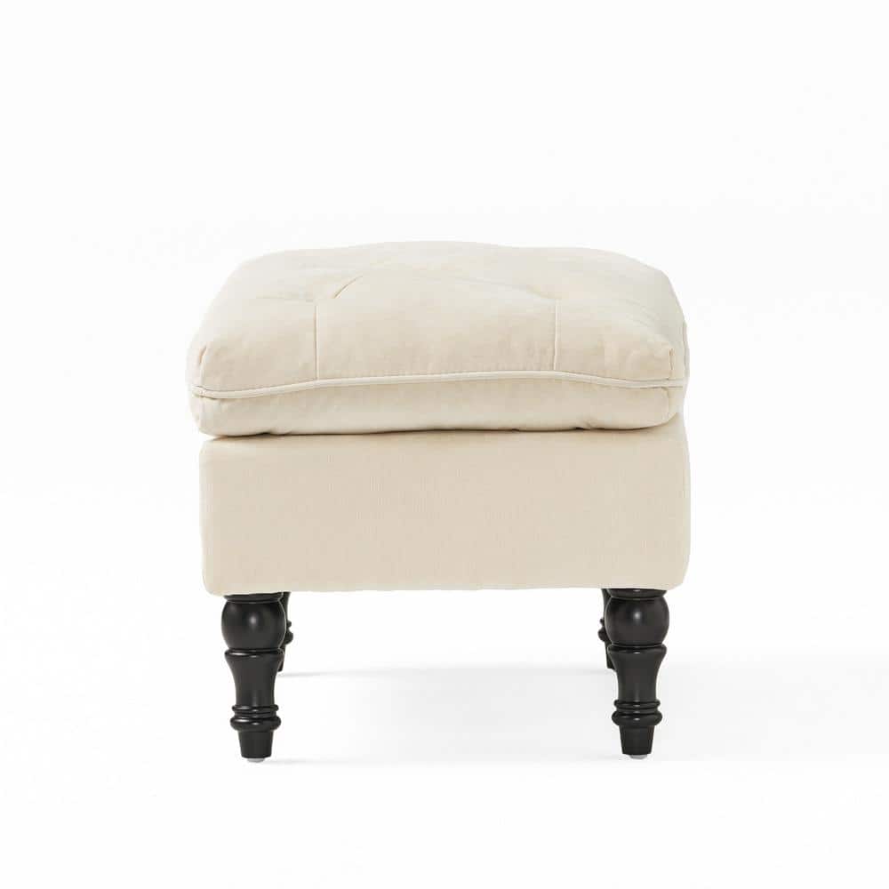 Cream Tufted Fabric and Wood Rectangular Ottoman