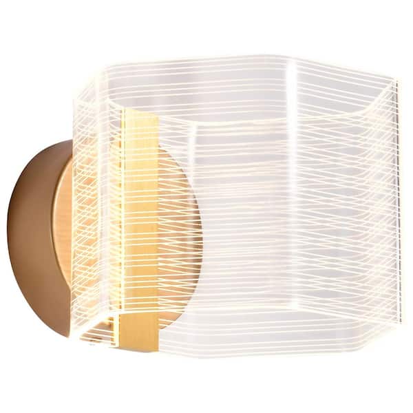 Kenzo 1-Light Vintage Brass Contemporary Dimmable 3000K Integrated LED Vanity Wall Sconce with Clear Acrylic Shade