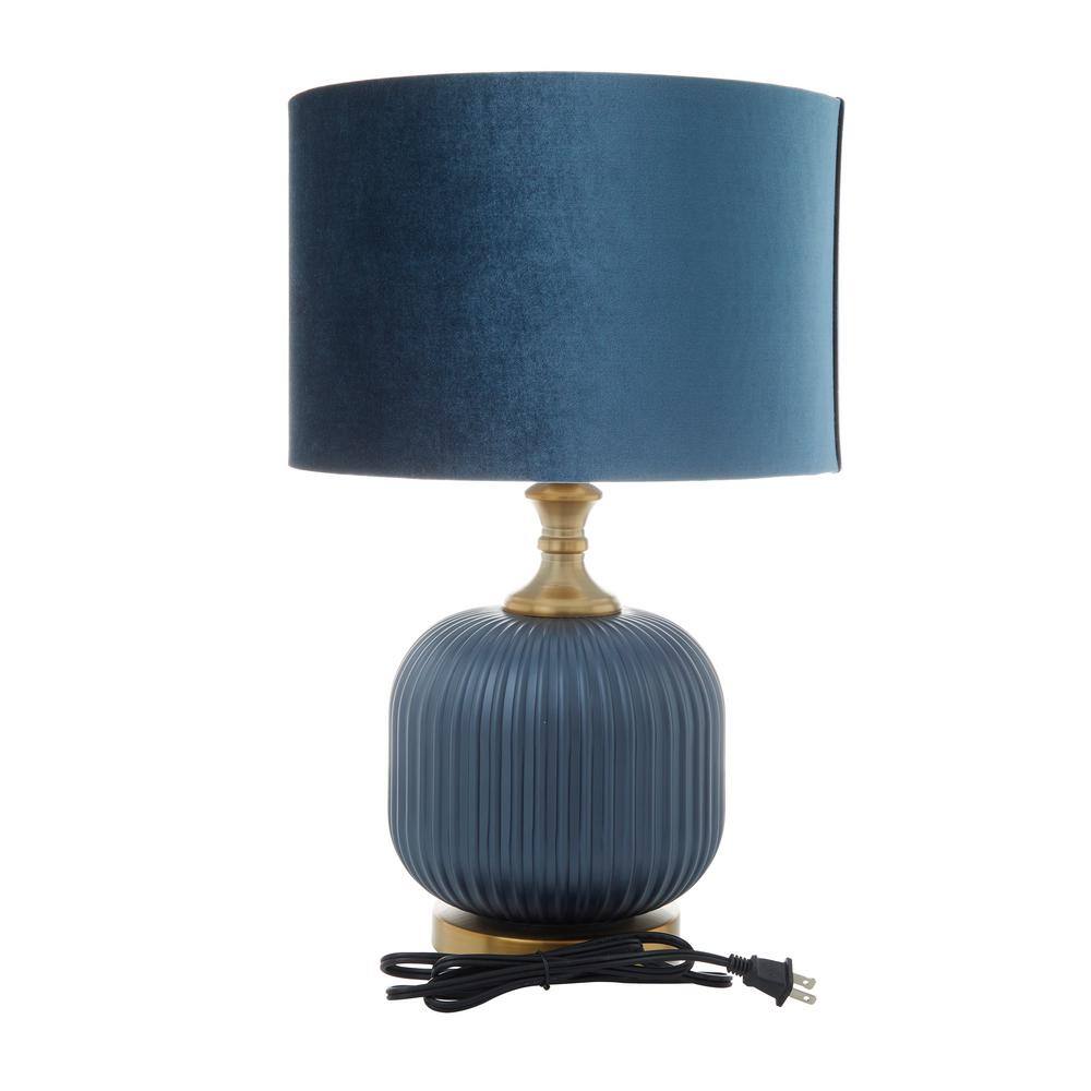 20" Matte Blue Glass Table Lamp with Velvet Shade and Gold Base