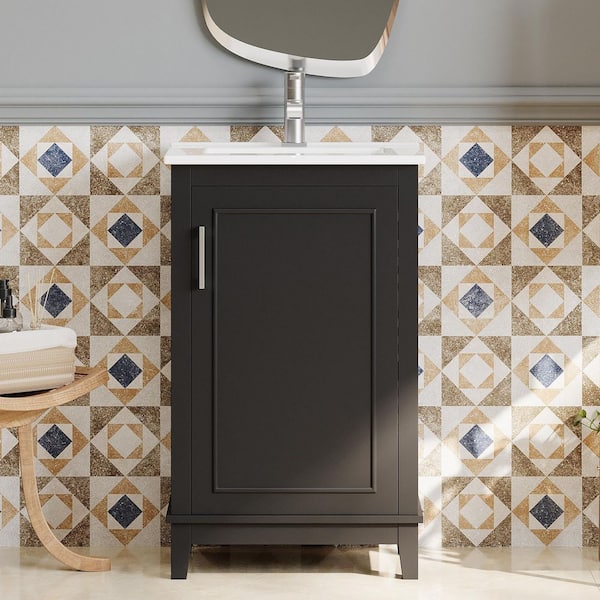 20 in. Single Sink Freestanding Black Bath Vanity with White Ceramic Top, Double Shelves