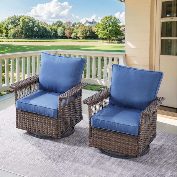 Seagull 5-Piece Brown Wicker Patio Conversation Set with Blue Cushions and Patio Swivel Chairs/Couch