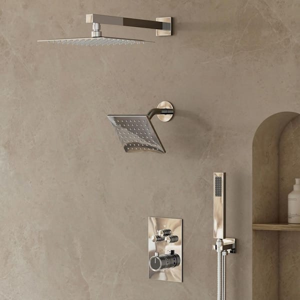 Thermostatic 7-Spray 12 in. and 6 in. Wall Mount Shower System with Hand Shower 2.5 GPM in Chrome(Valve Included)