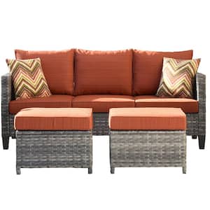 New Vultros Gray 3-Piece Wicker Outdoor Lounge Chair with Orange Red Cushions and 2 Ottomans