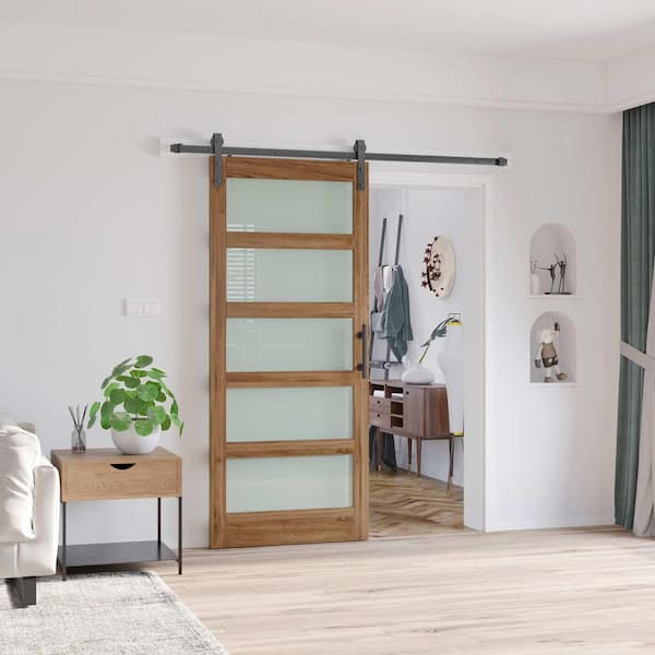 36 in. x 84 in. 5-Lite Tempered Frosted Glass Brown Finished Solid Core MDF Sliding Barn Door with Hardware Kit
