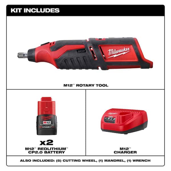 M12 12V Lithium-Ion Cordless Rotary Tool with M12 Compact 2.0 Ah Battery (2-Pack) Starter Kit and Charger