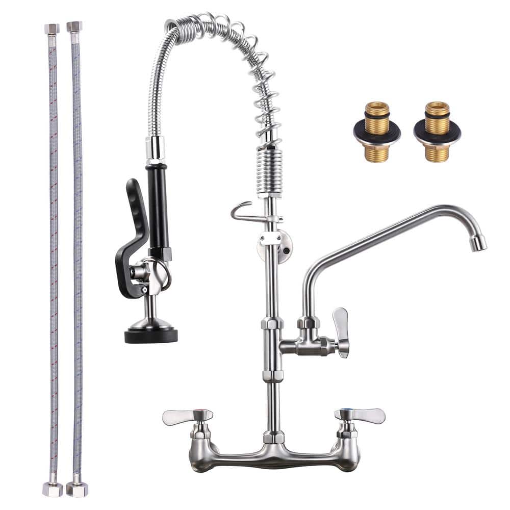 Brushed Nickel Wall Mount Commercial Kitchen Faucet with Pull Down Spray