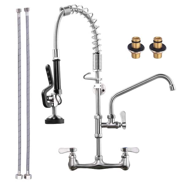 ARCORA 25 in. Wall Mount Triple Handles Commercial Pull Down Sprayer Kitchen Faucet with Pre-Rinse Sprayer in Brushed Nickel