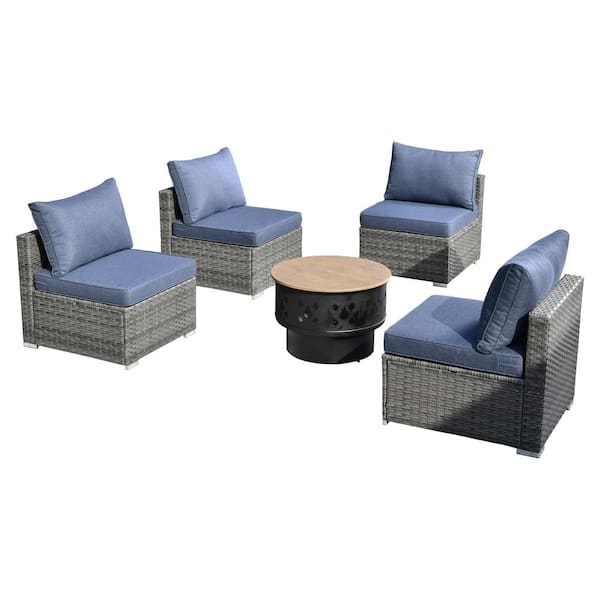 Sanibel Gray 5-Piece Wicker Outdoor Patio Conversation Sofa Set with a Wood-Burning Fire Pit and Denim Blue Cushions