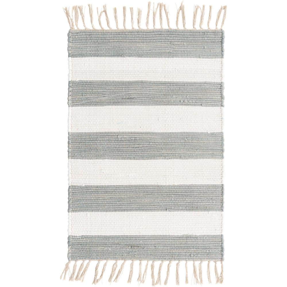 Gray and Ivory Striped Cotton Fringe Area Rug