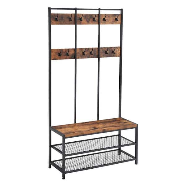 Benjara Brown and Black Wood and Metal Hall Tree with 12-Hooks and 3-Open Shelves
