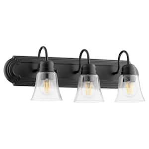 Campbell Traditional 24 in. W, 3-Light Textured Black Fixture Color Finish Vanity Light with Clear Seeded Glass Shade