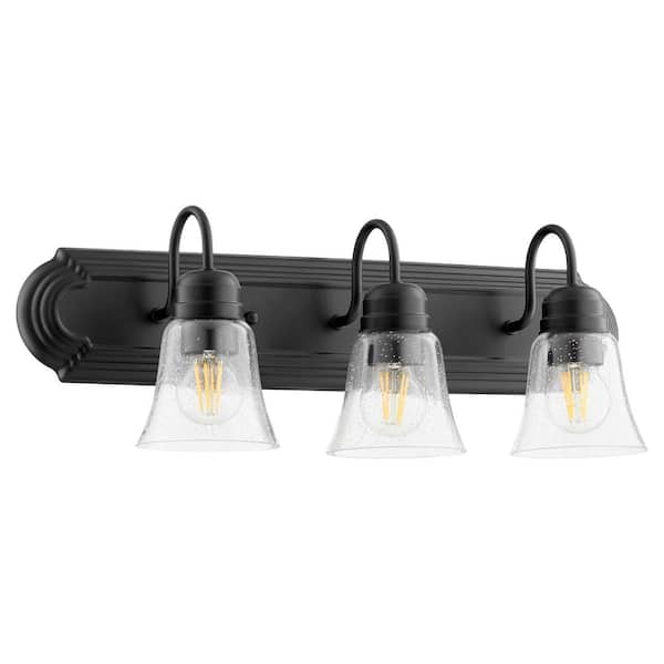 Quorum INTERNATIONAL Campbell Traditional 24 in. W, 3-Light Textured Black Fixture Color Finish Vanity Light with Clear Seeded Glass Shade