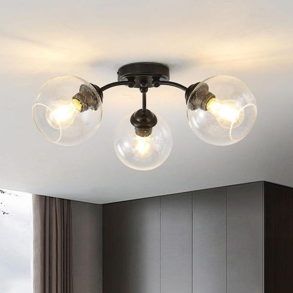 20.47 in. 3-Light Black Modern Semi-Flush Mount with Seeded Glass Shade