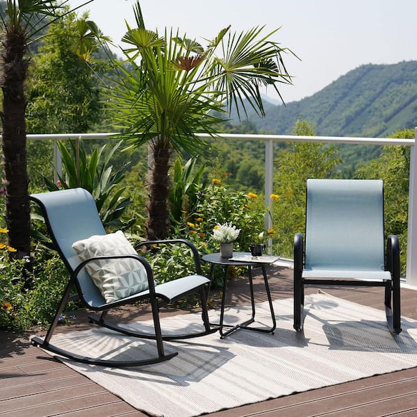 Blue 3-Piece Metal Outdoor Patio Bistro Rocking Chair Set, for Front Porch, Garden, Patio, Backyard