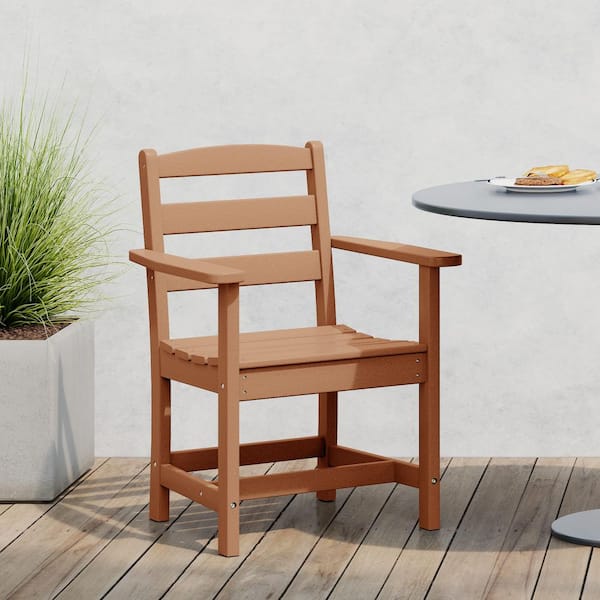 Shoreside All-Weather Plastic Outdoor Patio Dining Arm Chair, Teak