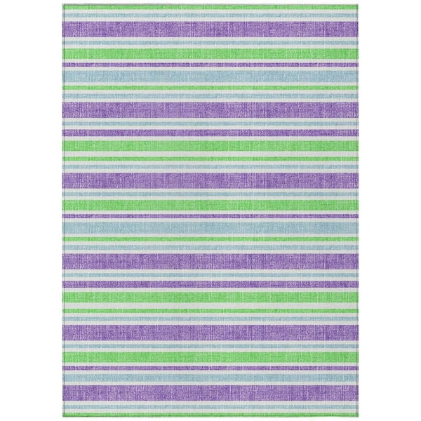 Green, Purple, Blue 5 ft. x 8 ft. Woven Striped Polyester Rectangle Indoor / Outdoor Area Rug