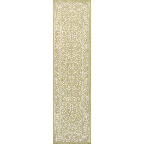 Charleston Vintage Filigree Textured Weave Green/Cream 2 ft. x 8 ft. Indoor/Outdoor Area Rug