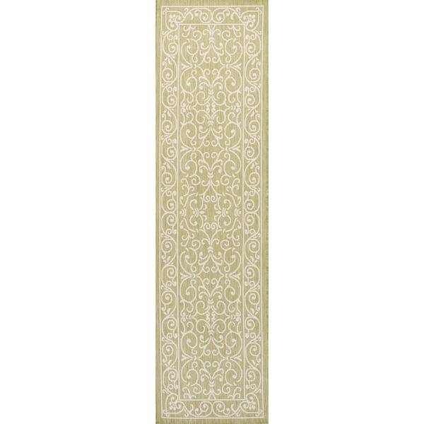 Charleston Vintage Filigree Textured Weave Green/Cream 2 ft. x 10 ft. Indoor/Outdoor Runner Rug
