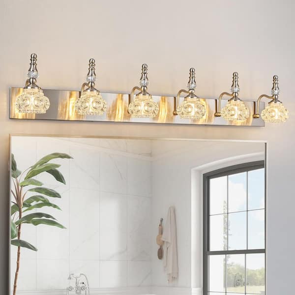 Home Lighting Fixture Width 43.30 in. 6-Light SandNickel Modern Glass Crystal Vanity Light-Vintage For Bathroom (JW-493)