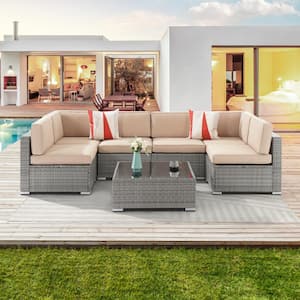 7-Piece PE Wicker Patio Furniture Set Outdoor Rattan Sectional Sofa Sets with Light Tan Cushion