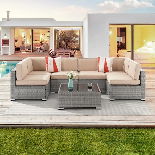 Sonkuki 7-Piece PE Wicker Patio Furniture Set Outdoor Rattan Sectional Sofa Sets with Light Tan Cushion