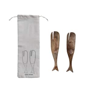 2-Piece Natural Mango Wood Whale Design Salad Servers with Drawstring Bag