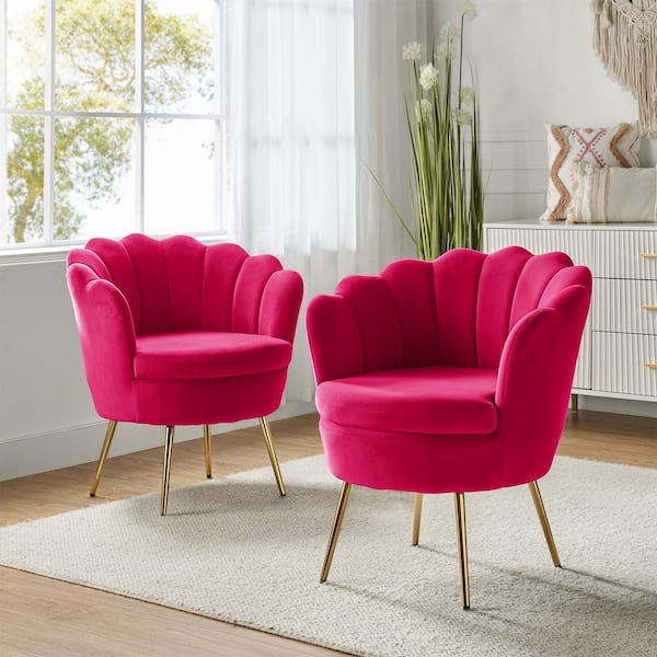 Fidelia Golden Legs Fushia Tufted Barrel Chair with Scalloped Seashell Edges (Set of 2)