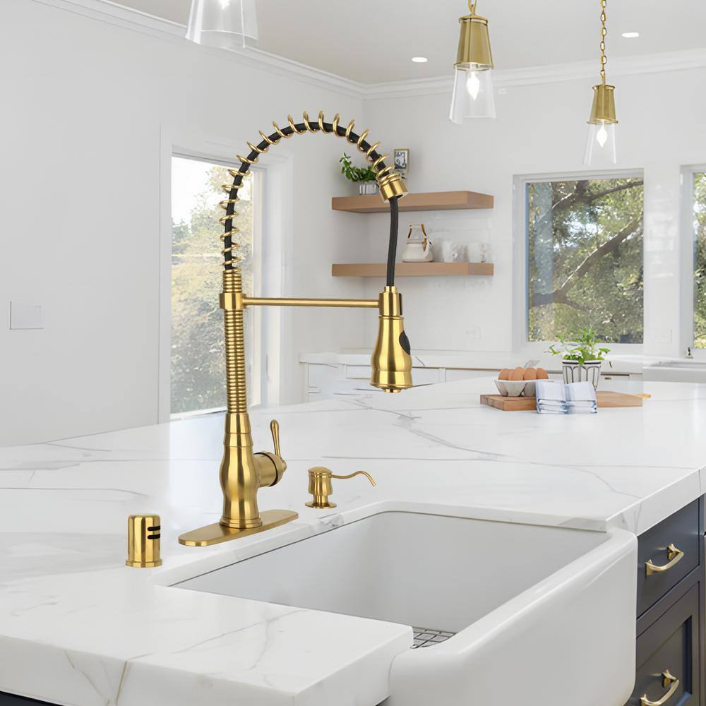 Brushed Gold Brass Double Handle Kitchen Faucet with Pull-out Spray