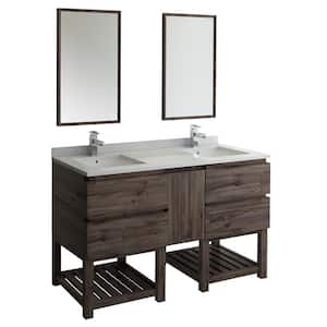 Formosa 60 in. Double Vanity with Open Bottom in Warm Gray with Quartz Stone Vanity Top in White w/ White Basins, Mirror