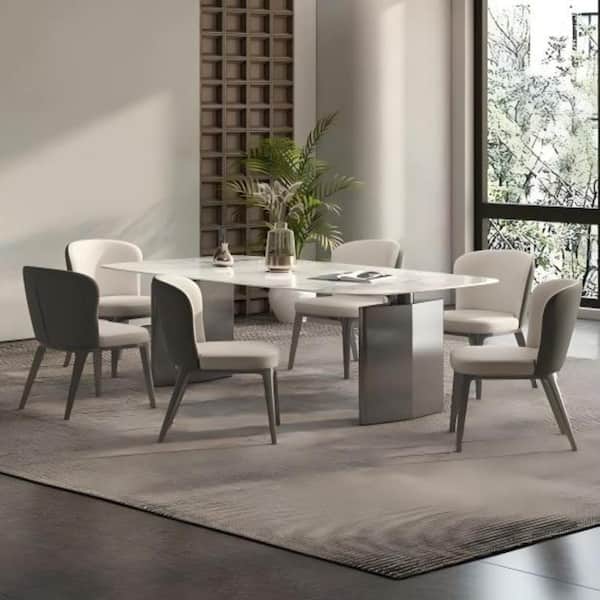 WESOME Modern Sintered Stone Dining Table, Stainless Steel Block