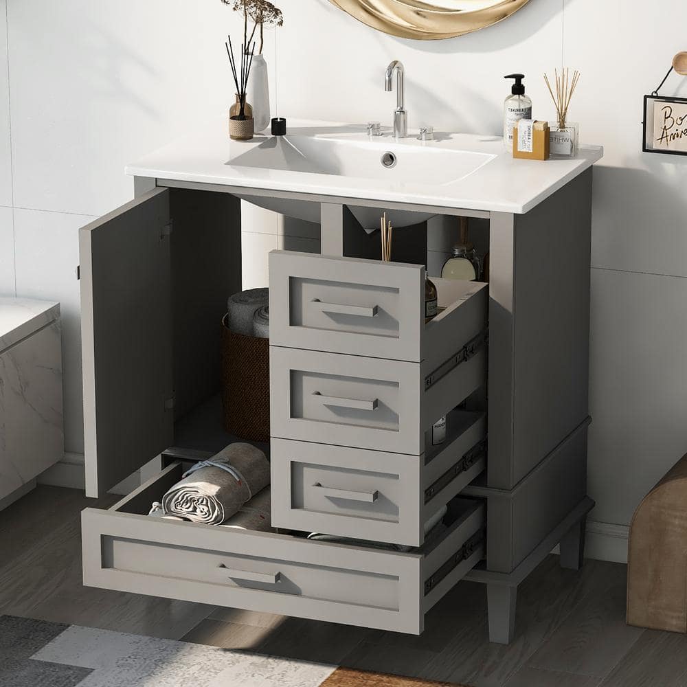 30 in. Grey MDF Freestanding Single Sink Bath Vanity with White Ceramic Top