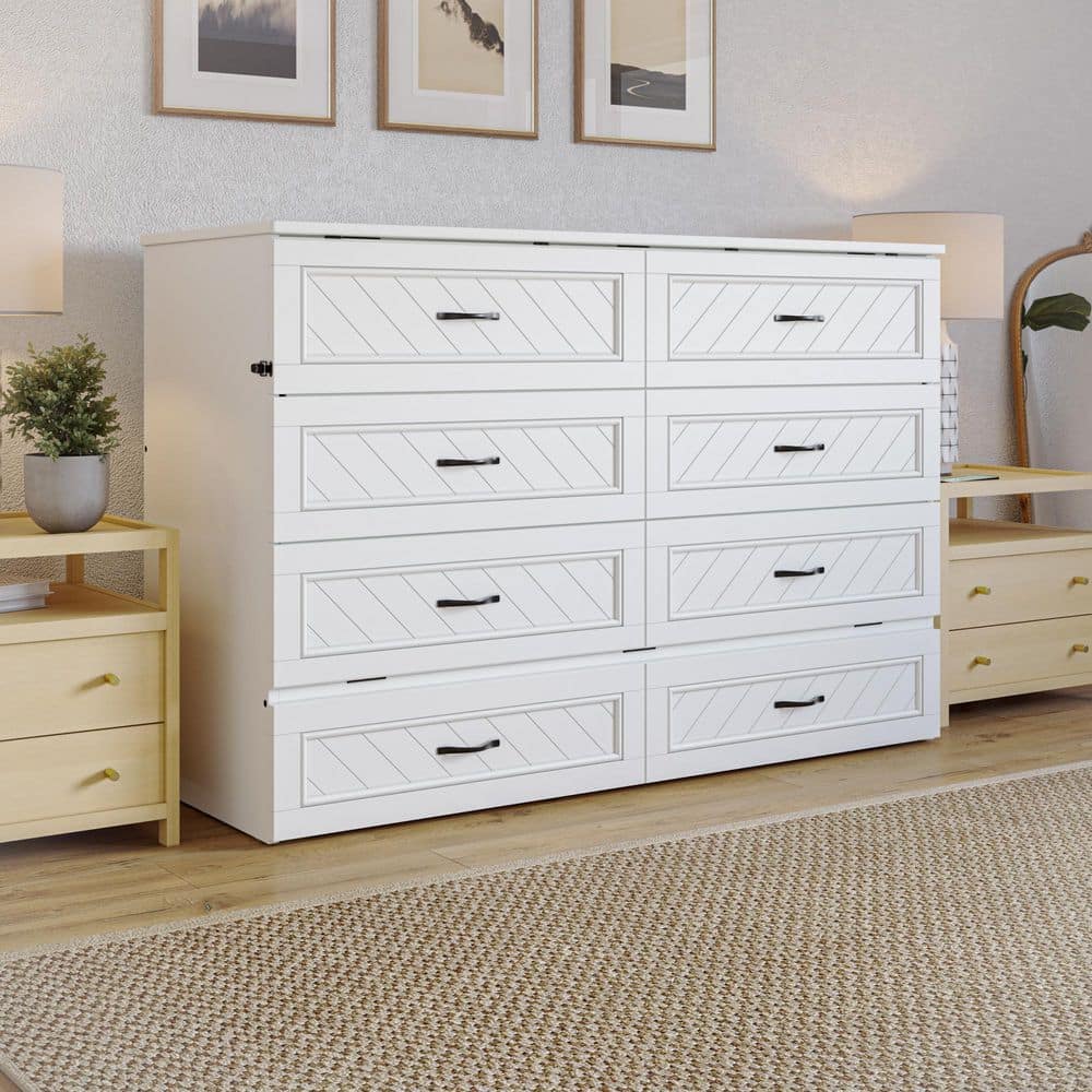 White Queen Murphy Bed Chest with Storage Drawer and USB Ports