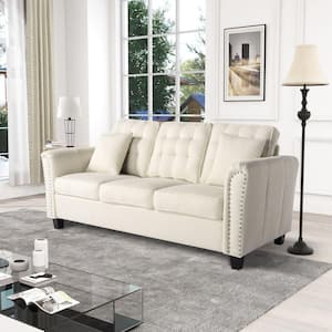 86.6 in. W Flared Arm Polyester Mid-Century Modern Straight Sofa with Silver Studs Decoration in Beige