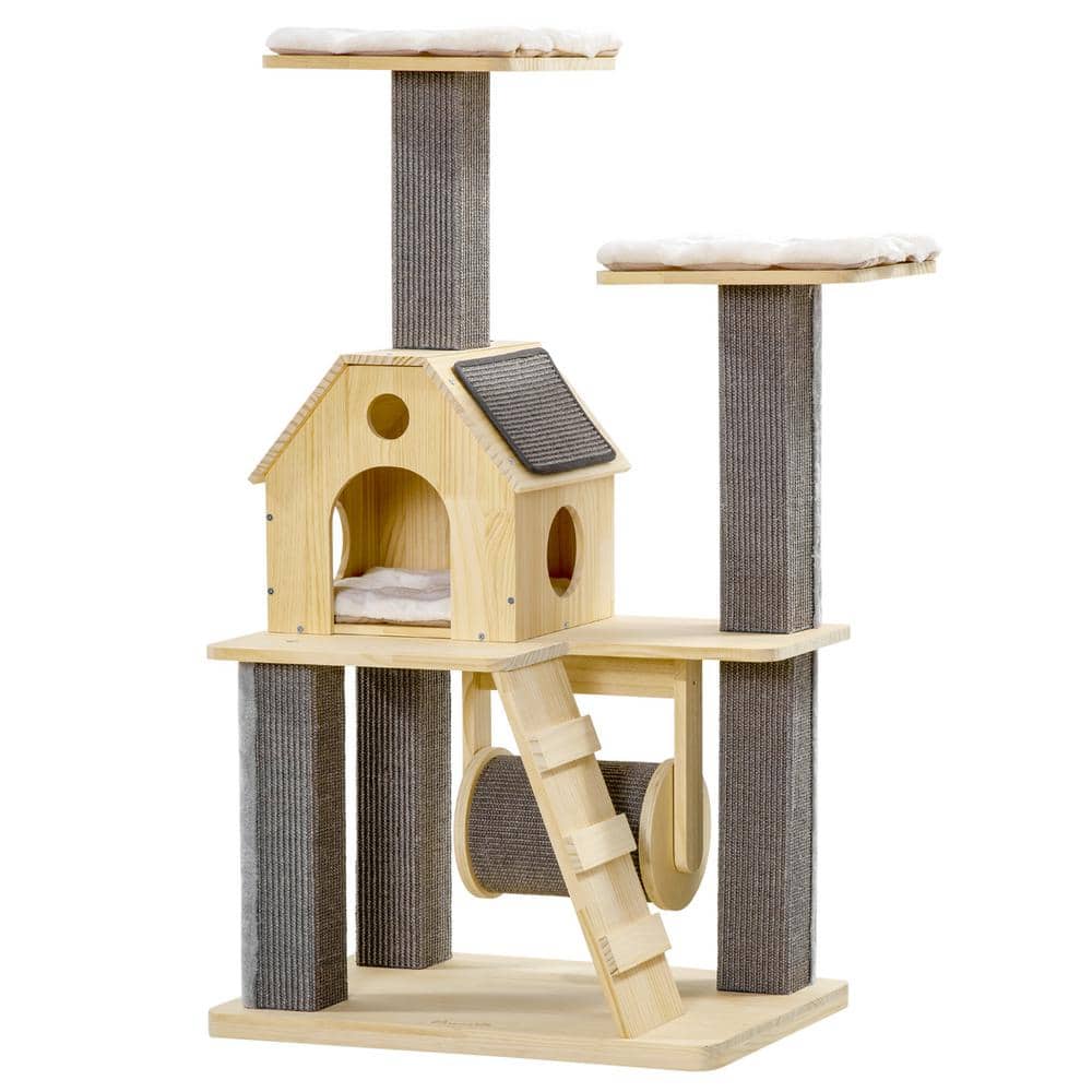 Natural Wooden Cat Tree with Sisal Scratching Posts and Cushions