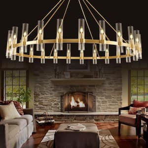 70 in. 24-Light Dimmable Brass Wagon Wheel Chandelier with Clear Glass Shades, Farmhouse Kitchen Island Chandelier