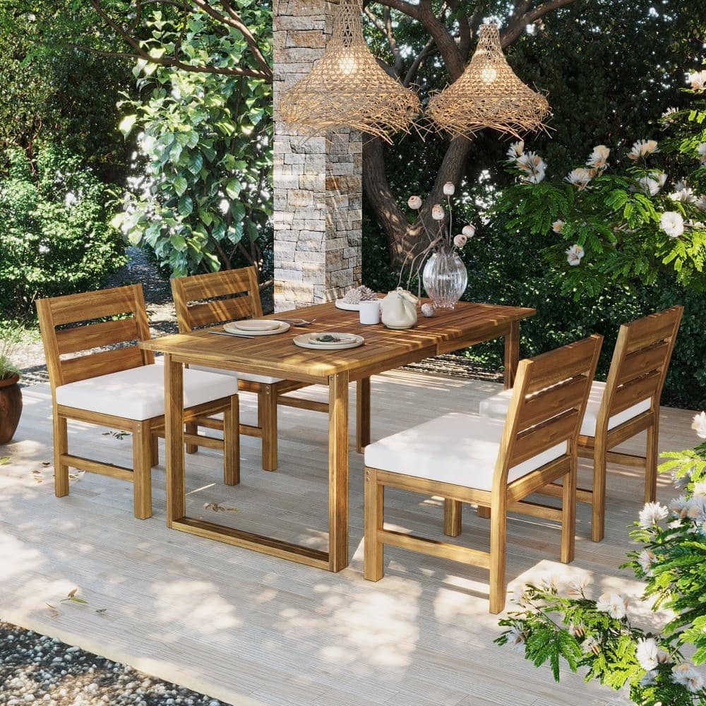 5-Piece Wood Outdoor Dining Set with Beige Cushions, Adjustable Legs price history on PriceWatchPro