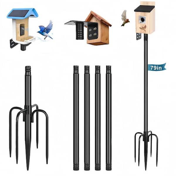 79 in. Heavy Duty Metal Smart Bird Feeder Pole with Bluebird House and Adjustable Mounting for Outdoors, Black (1-Pack)