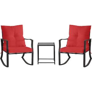 Red 3 -Piece Metal Outdoor Bistro Set, Patio Steel Conversation with Glass Coffee Table and Cushions
