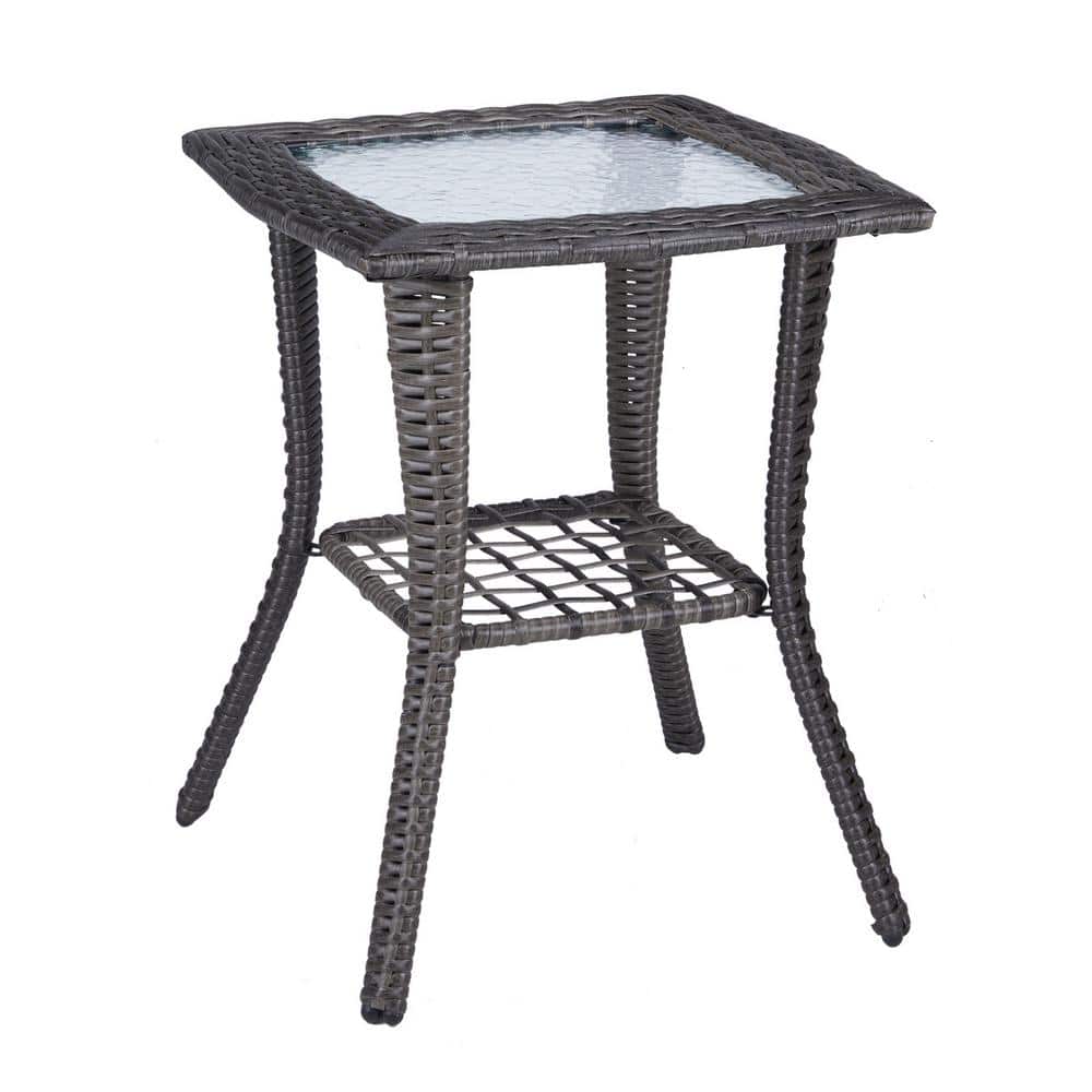 Gray Wicker Outdoor End Table with Glass Top and Storage Shelf
