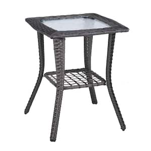 Gray Square Wicker Outdoor Side Table with Storage Tempered Glass Top Wicker Table