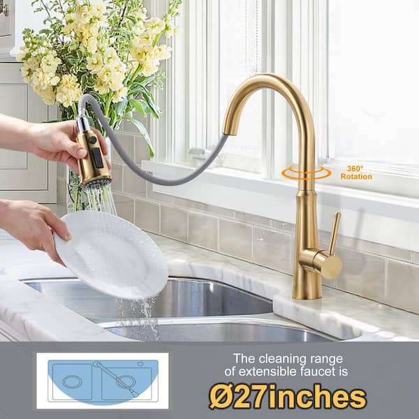 Stainless Steel Single Handle Pull Down Sprayer Kitchen Faucet with 3-Function Sprayer and Deck Plate in Gold