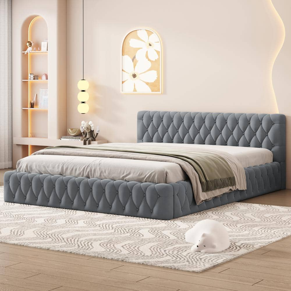 Gray Wood Frame Queen Velvet Upholstered Platform Bed Floor Bed with Luxurious Diamond Grid Headboard -  Harper & Bright Designs, NT087AAE