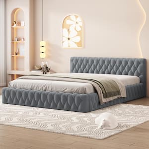 Gray Wood Frame Queen Velvet Upholstered Platform Bed Floor Bed with Luxurious Diamond Grid Headboard